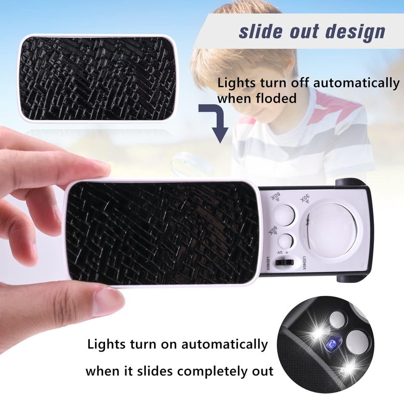 Amoper 2 Pieces 30X 60X 90X Jewelers Loupe, Slide-Out Lighted Eye Loupe Magnifying Glass with 3 Light for Coins Gems Jewelry Rocks Watches (Black) - Image 5